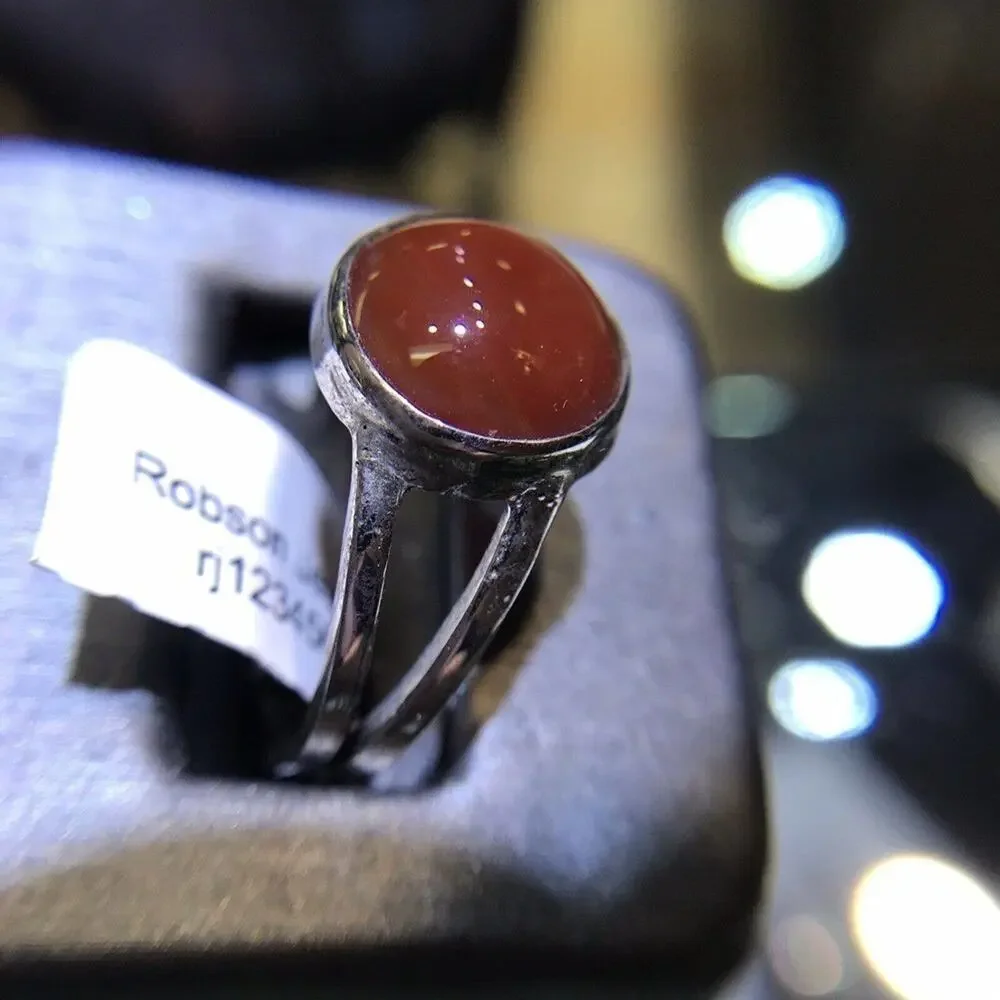 Red Agate (Natural) Ring Round Sz10 Bezel Set Silver 925 Design Band